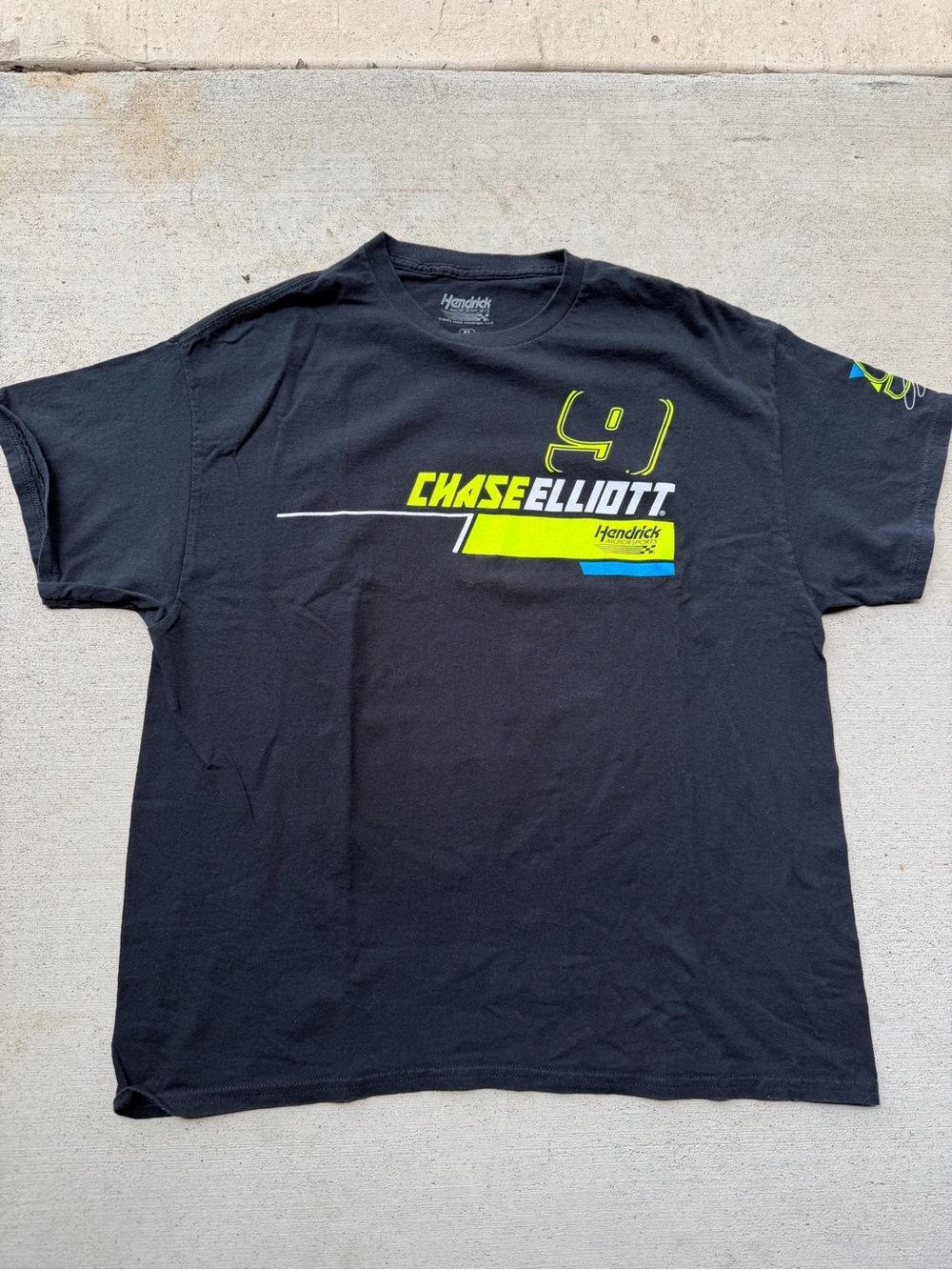 Nascar Chase Elliott Black Tee with Neon Yellow and Blue Accents